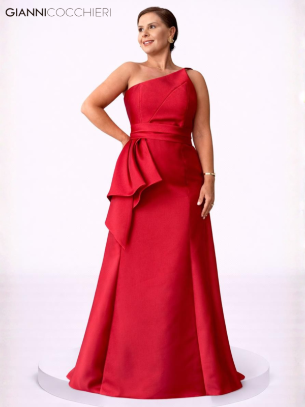 Vestido vermelho um ombro só com cinto