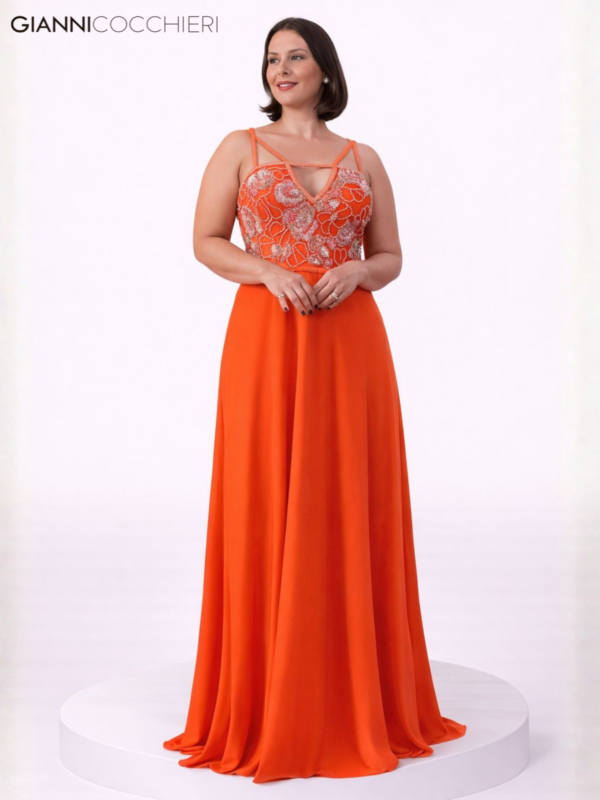 Vestido de festa longo laranja com alças trançadas e corpo bordado