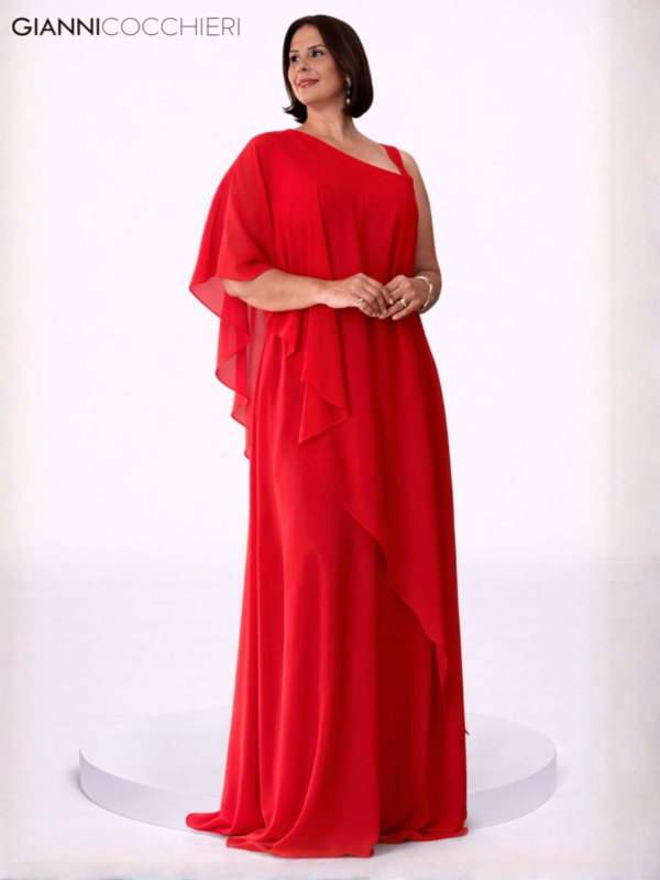 Vestido de festa longo vermelho com veste em sobreposição