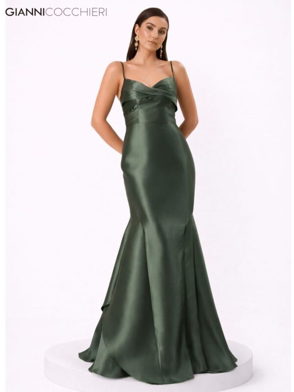 Vestido Longo Verde Oliva com Alças Finas e Saia Sereia Acetinada