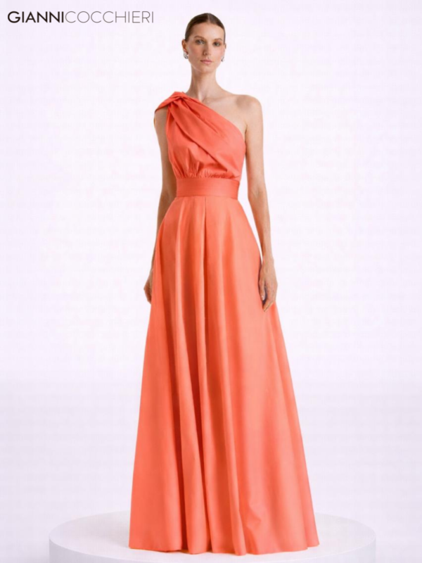Vestido Longo Coral Um Ombro com Amarração e Caimento Fluido