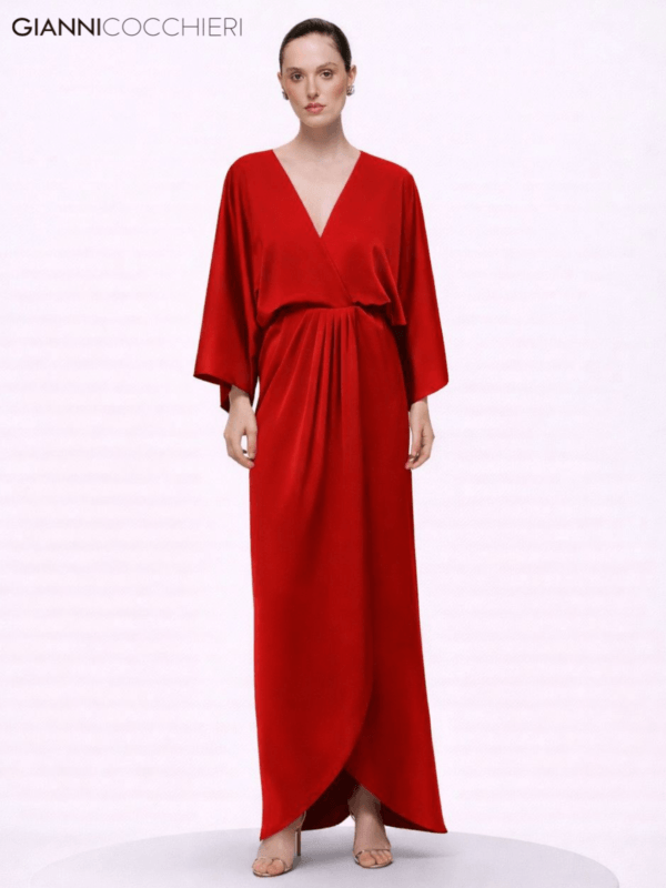 Vestido Longo Vermelho com Decote em V e Manga Ampla