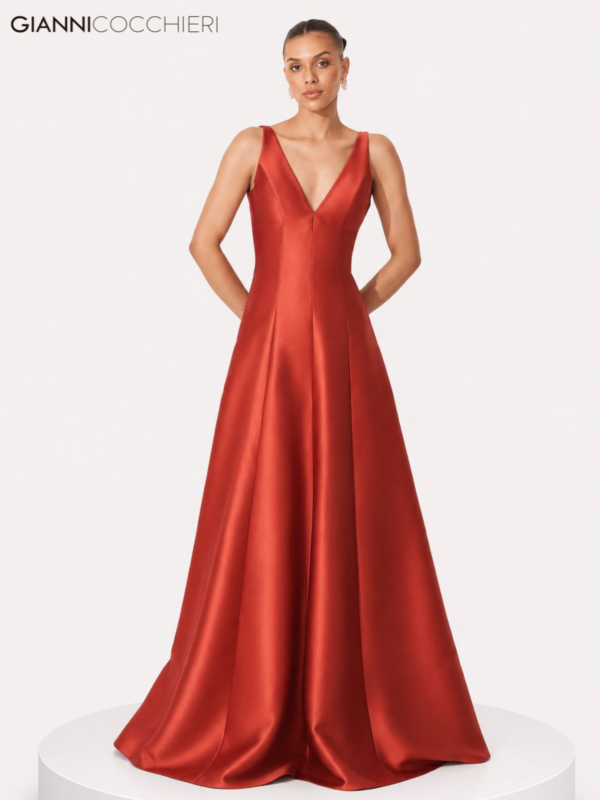 Vestido Longo Terracota Acetinado com Decote V Profundo e Saia Evasê
