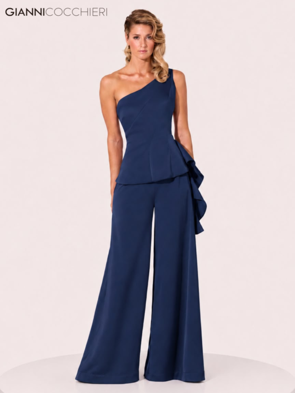 Conjunto Azul-Marinho com Blusa Ombro Único e Calça Pantalona