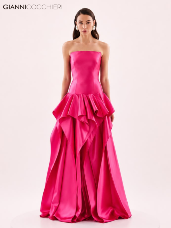 Vestido Longo Rosa Tomara que Caia com Babados Esculturais 