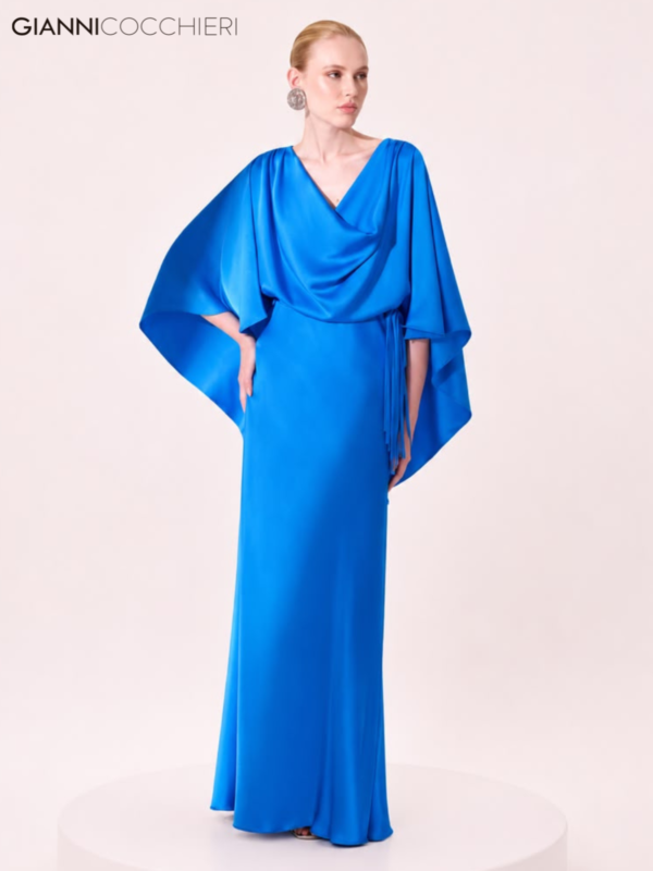 Vestido Longo Azul em Cetim Acetinado com Mangas 