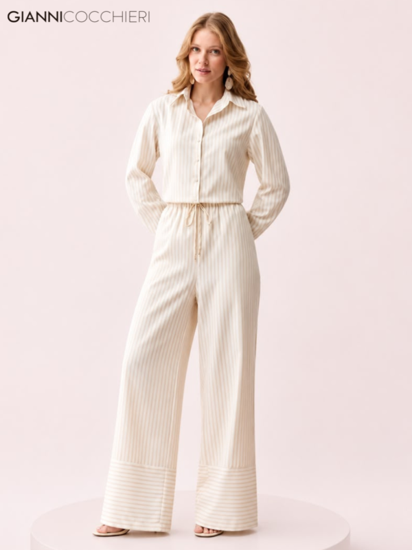 Conjunto Casual Off White Listrado com Camisa e Calça Pantalona