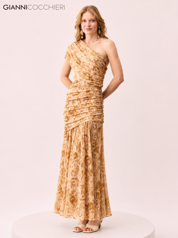 Vestido Longo Amarelo de Um Ombro Só com Drapeado 