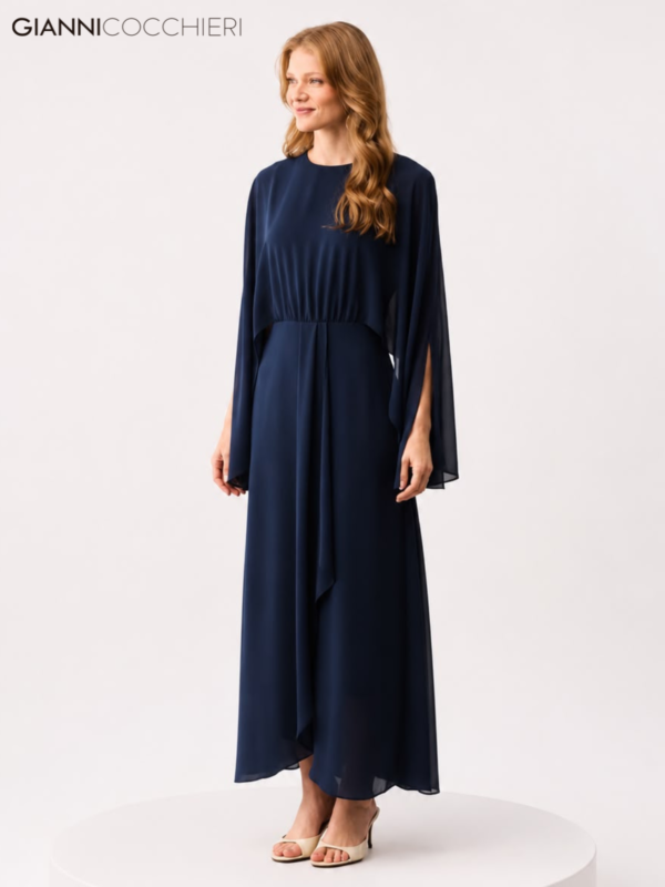 Vestido Midi Casual Azul-Marinho com Manga Capa