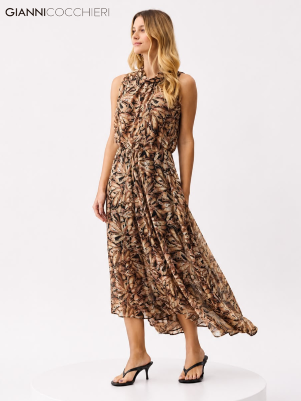 Vestido Midi Estampado com Gola Alta e Saia Fluida