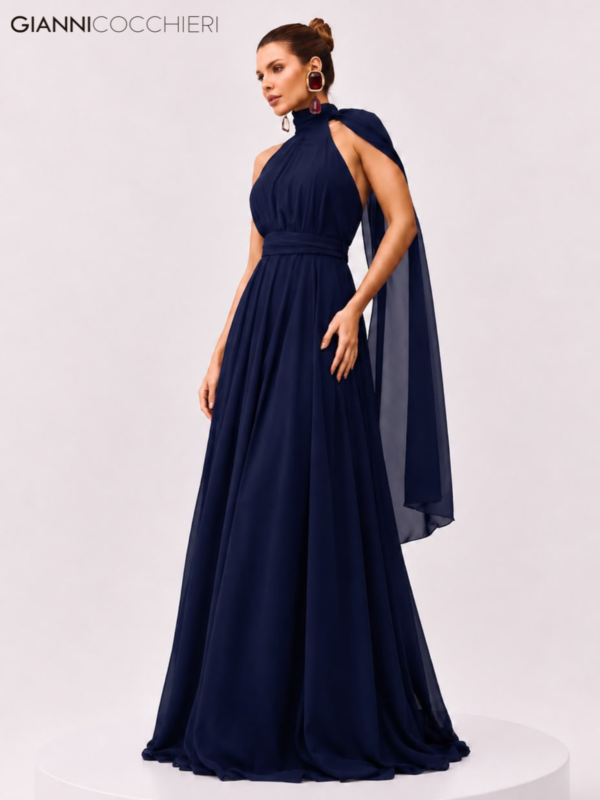 Vestido Longo Azul Marinho com Gola Alta e Faixa Alongada