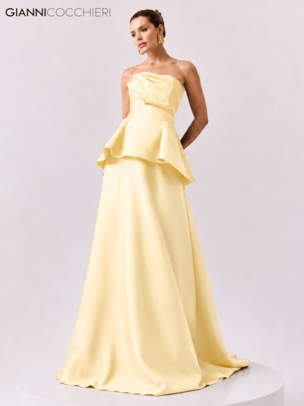 Vestido Longo Amarelo Manteiga Tomara que Caia com Peplum
