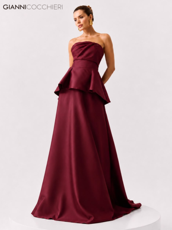 Vestido Longo Tomara que Caia Marsala com Peplum Estruturado