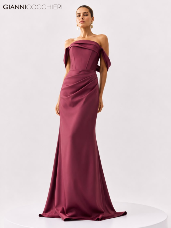 Vestido Longo Marsala Ombro a Ombro com Corpete Estruturado