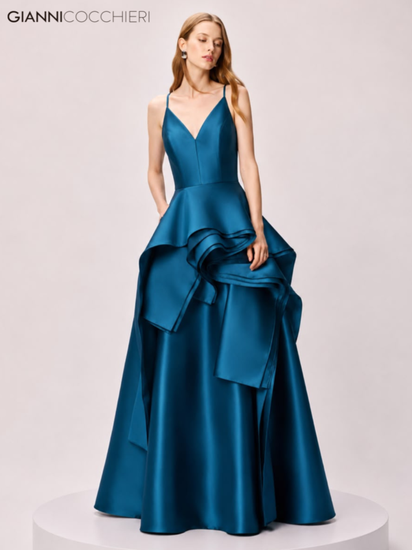 Vestido Longo Azul de Alças Finas com Babados Esculturais