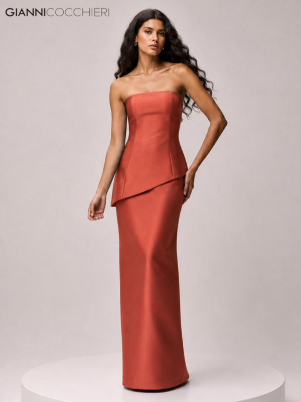 Vestido Longo Terracota Tomara que Caia com Sobreposição Assimétrica