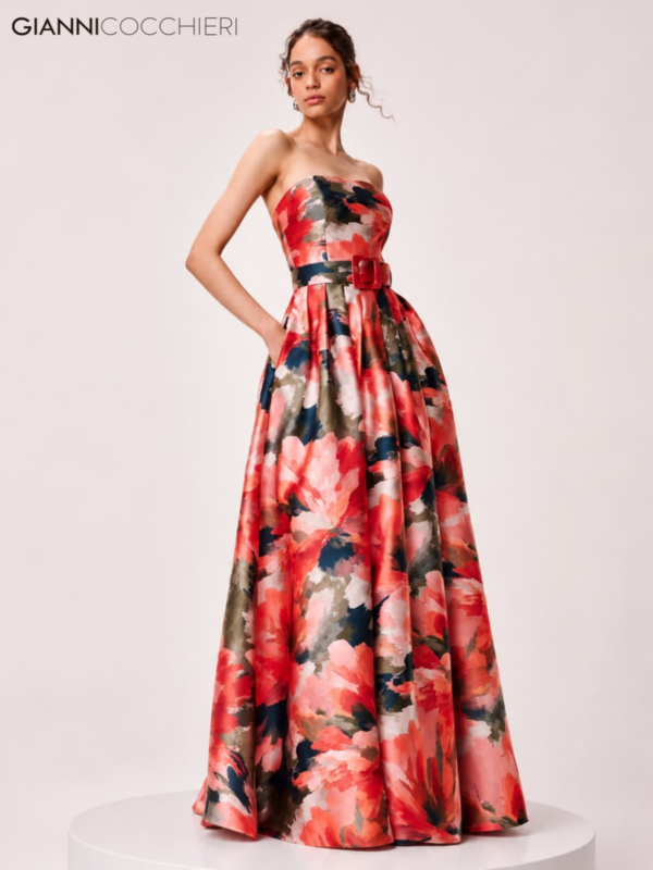 Vestido Longo Floral Tomara que Caia com Cinto e Saia Ampla