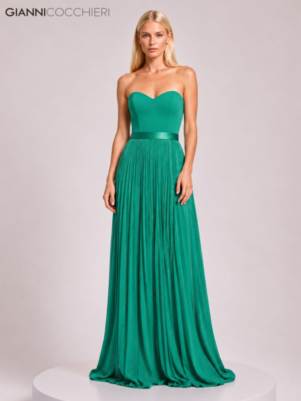 Vestido Longo Verde Esmeralda Tomara que Caia com Decote Coração e Saia Plissada