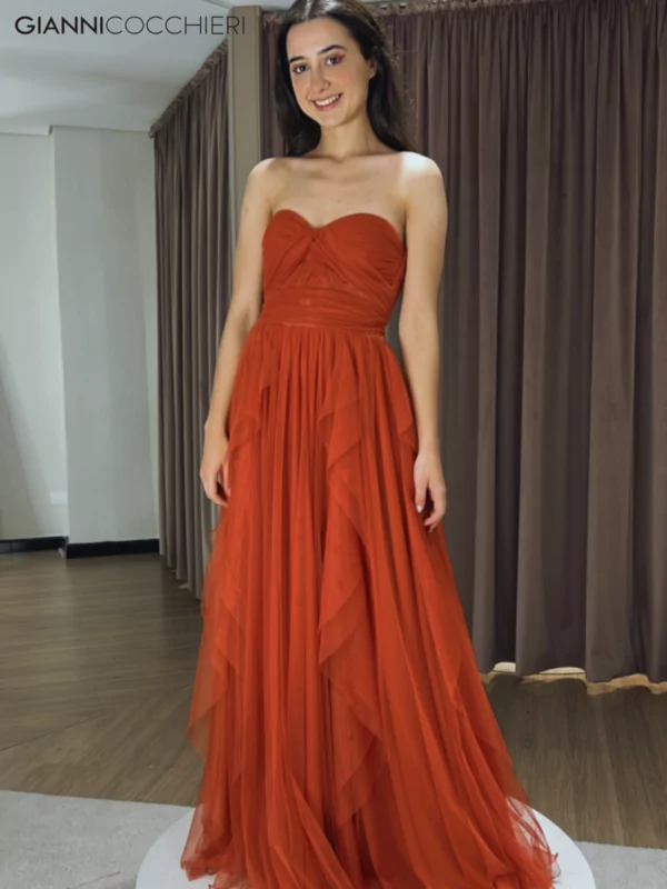 Vestido tule terracota com renda e amarração