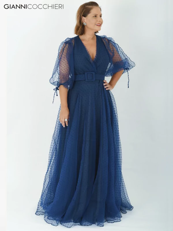Vestido azul marinho tule em poá